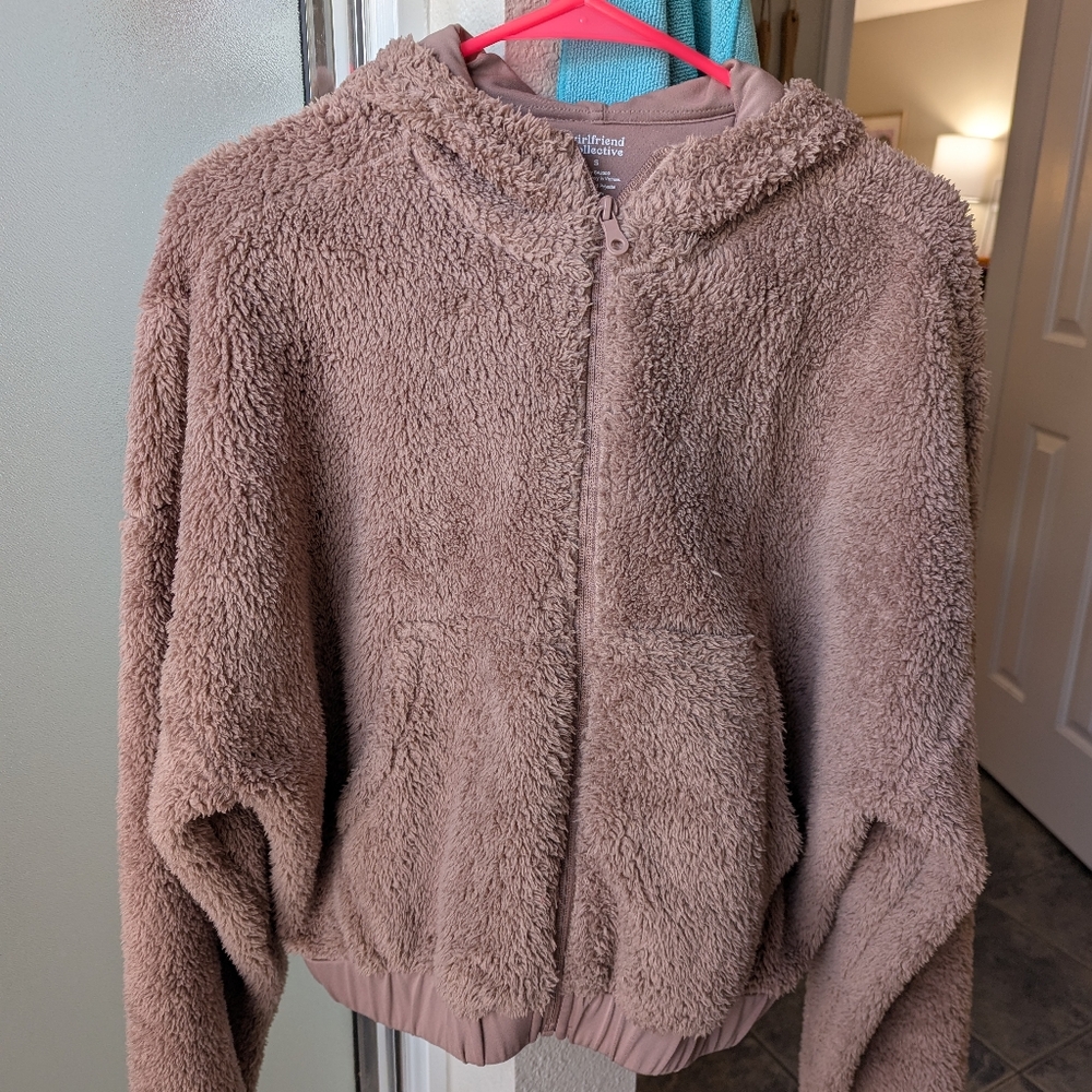 Girlfriend Collective Teddy Fleece Bomber Jacket Size S Beige (Brownie)
